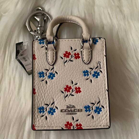 COACH Floral Printed North/South Mini Tote Bag Charm Key Ring in Chalk White - Picture 1 of 3